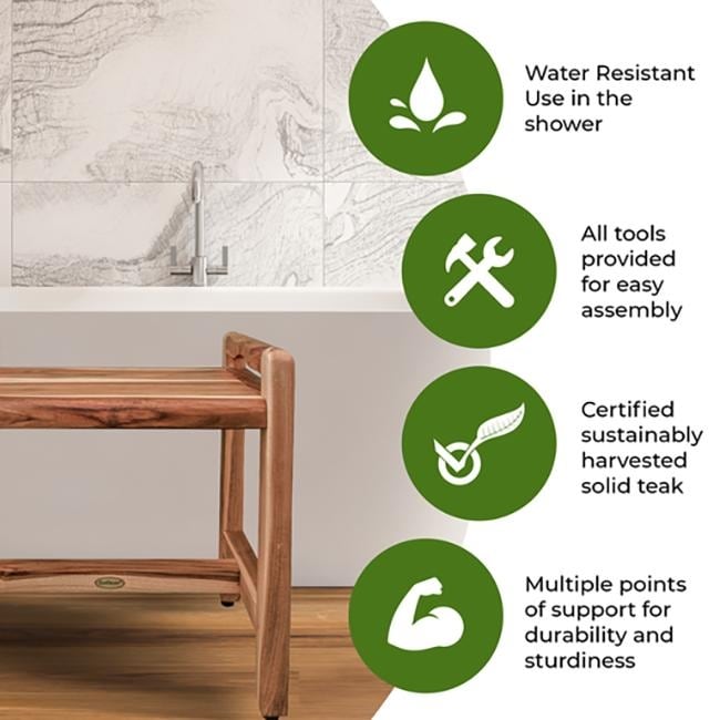 EcoDecors Eleganto 20" Solid Teak Shower Bench With LiftAide Arms - EarthyTeak Finish
