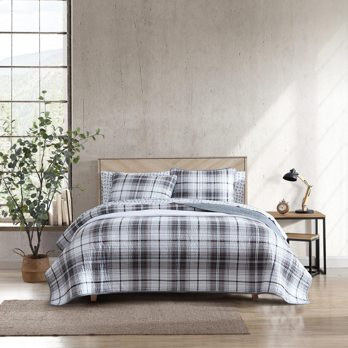 Eddie Bauer Alder Plaid Cotton Reversible Grey Quilt Set