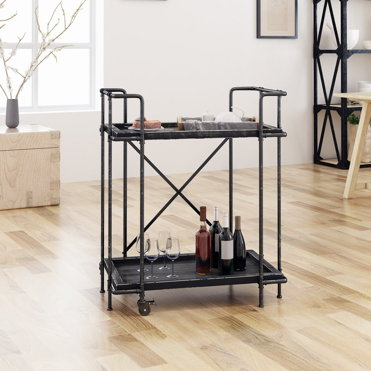 Eden Outdoor Industrial Firwood and Iron Bar Cart by Christopher Knight Home - 28.00" L x 17.25" W x 33.00" H