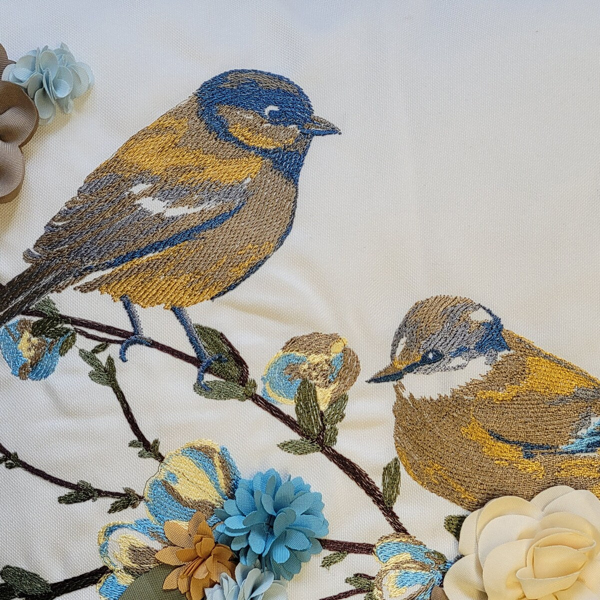 Edie At Home Indoor/Outdoor Embroidered Birds on Floral Branch Decorative Throw Pillow 18x18, Capri Multi