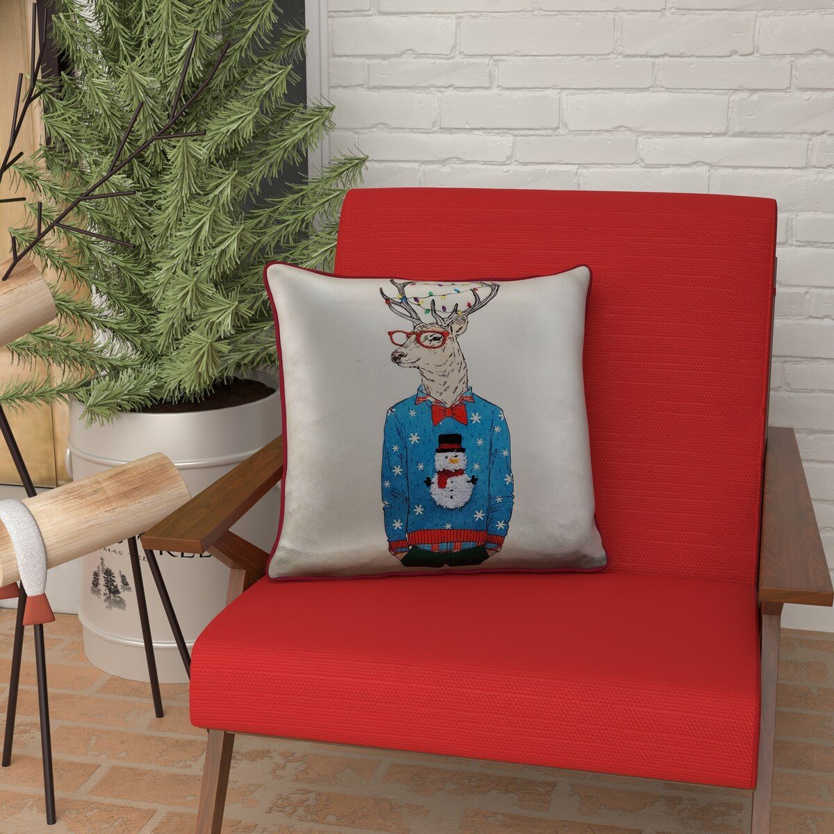 Edie At Home Hipster Reindeer Christmas Indoor Decorative Pillow 18x18 Multi Color