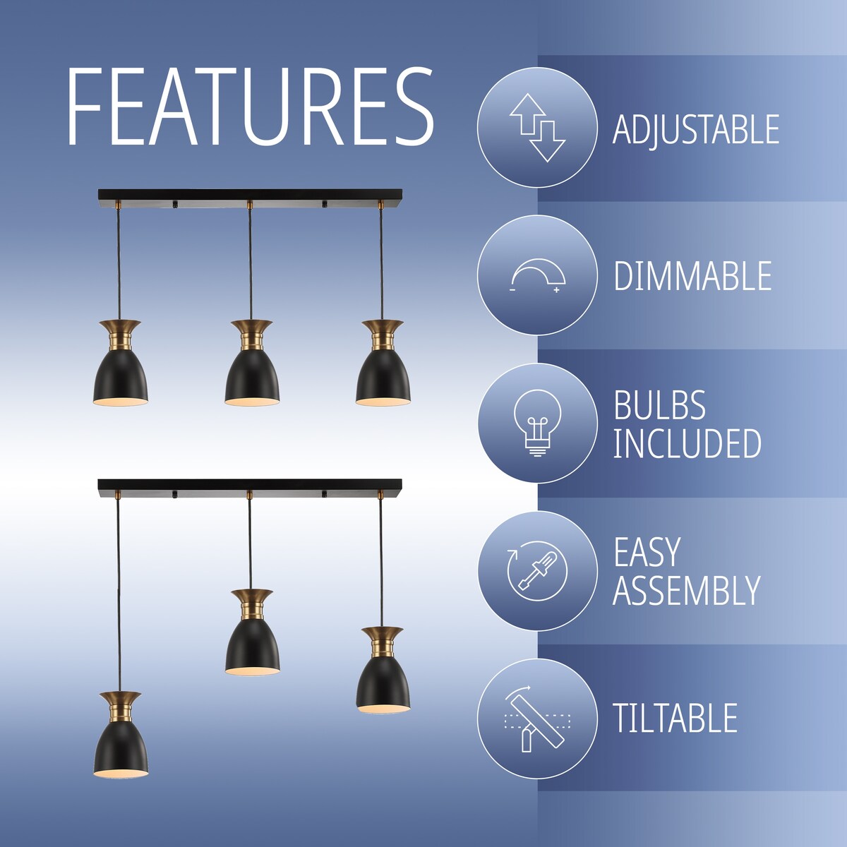 Edison Linear Metal LED Cluster Pendant, Black/Gold by JONATHAN Y