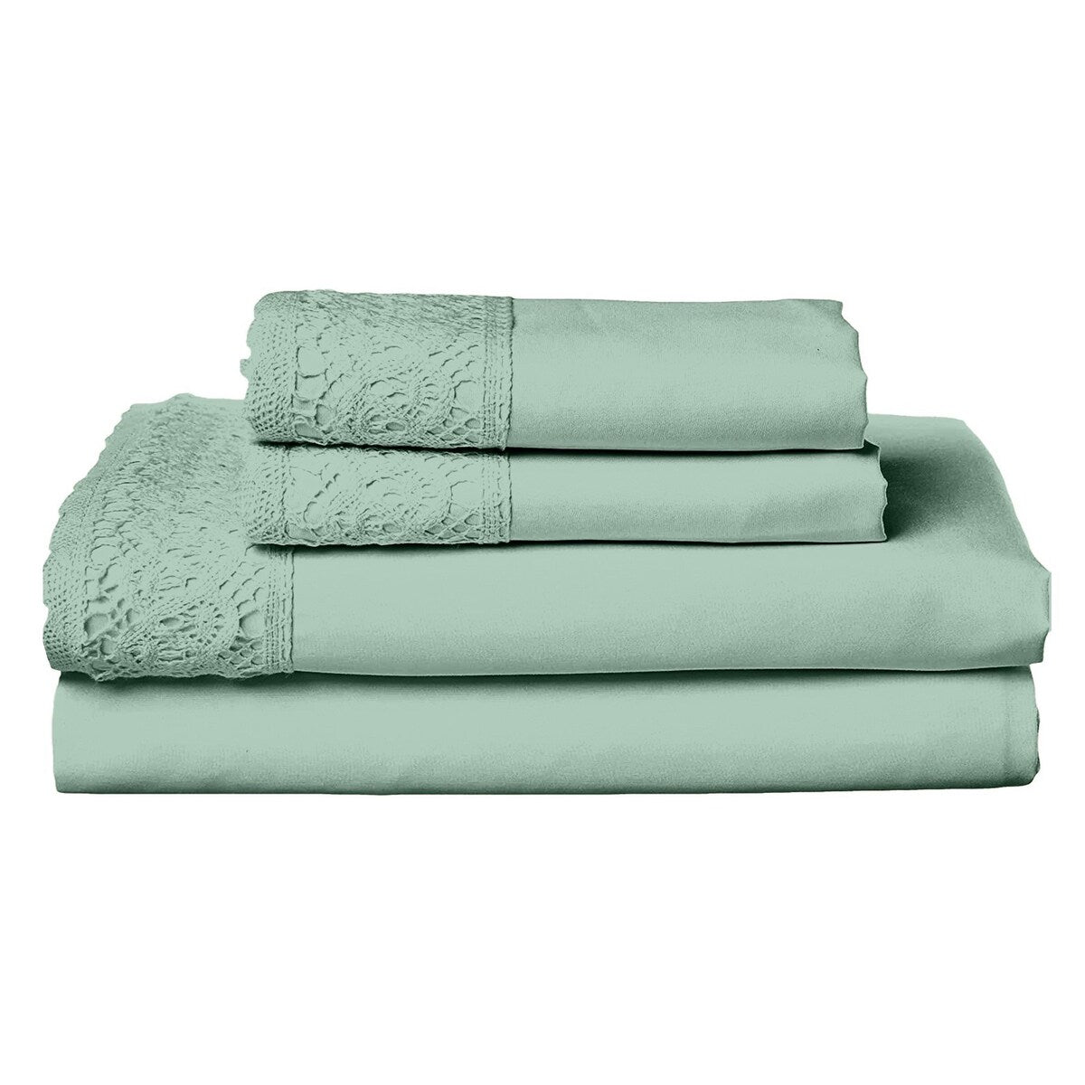 Edra 3 Piece Microfiber Twin Size Bed Set with Crochet Lace, Sea Green