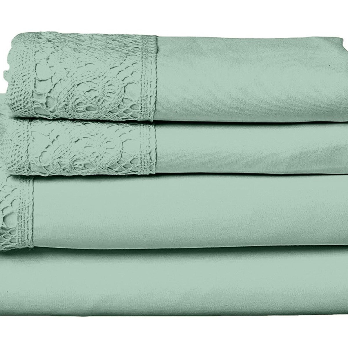 Edra 3 Piece Microfiber Twin Size Bed Set with Crochet Lace, Sea Green