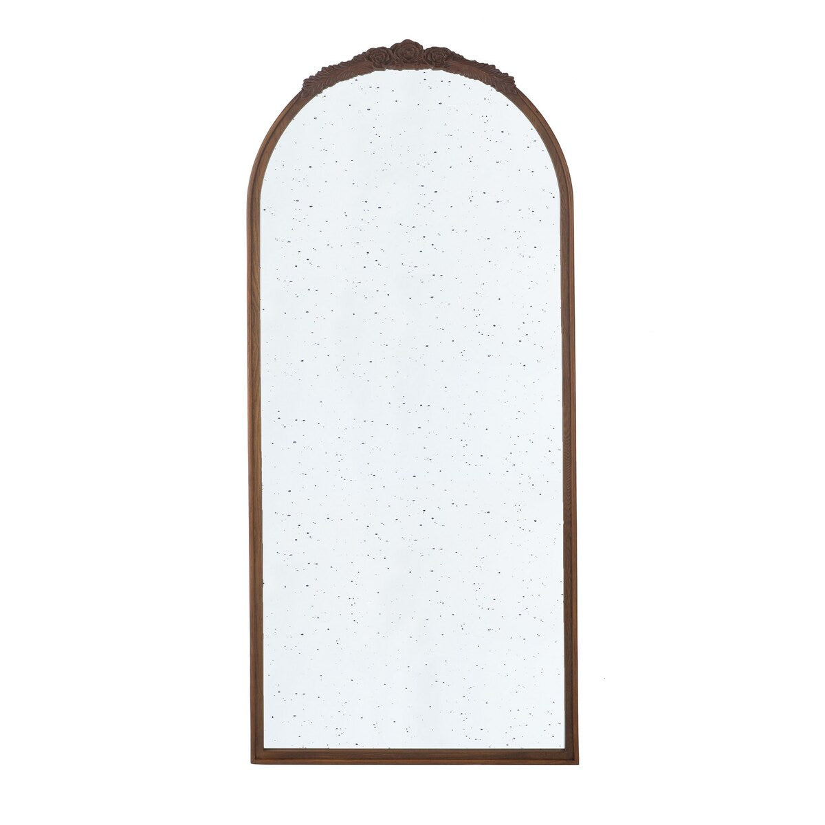 Eel 65 Inch Wall Mirror, Espresso Brown Arched Wood Frame, Hand Carved Rose