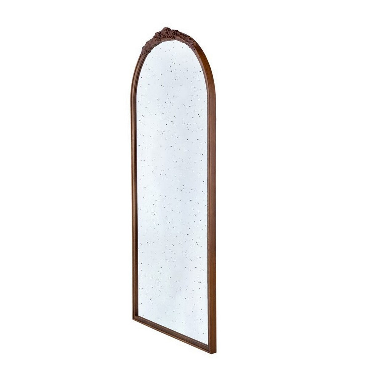 Eel 65 Inch Wall Mirror, Espresso Brown Arched Wood Frame, Hand Carved Rose