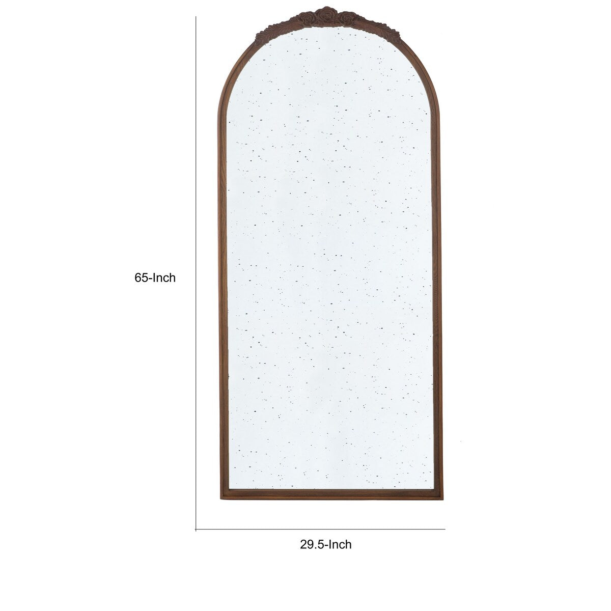 Eel 65 Inch Wall Mirror, Espresso Brown Arched Wood Frame, Hand Carved Rose