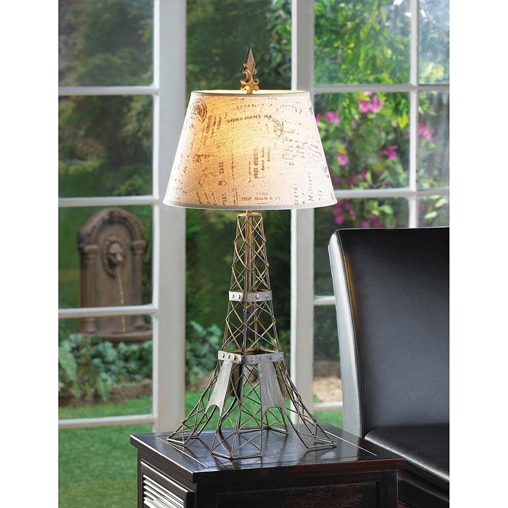 Eiffel Tower Metalwork Table Lamp with Linen Typography Lampshade