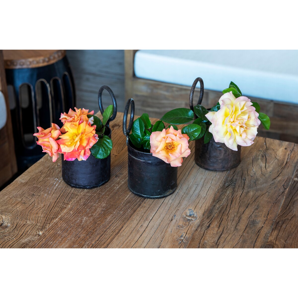El Paso Import Set of 3 Handmade Vintage Metal Buckets w/Handles - 4"L x 4"W x 8"H