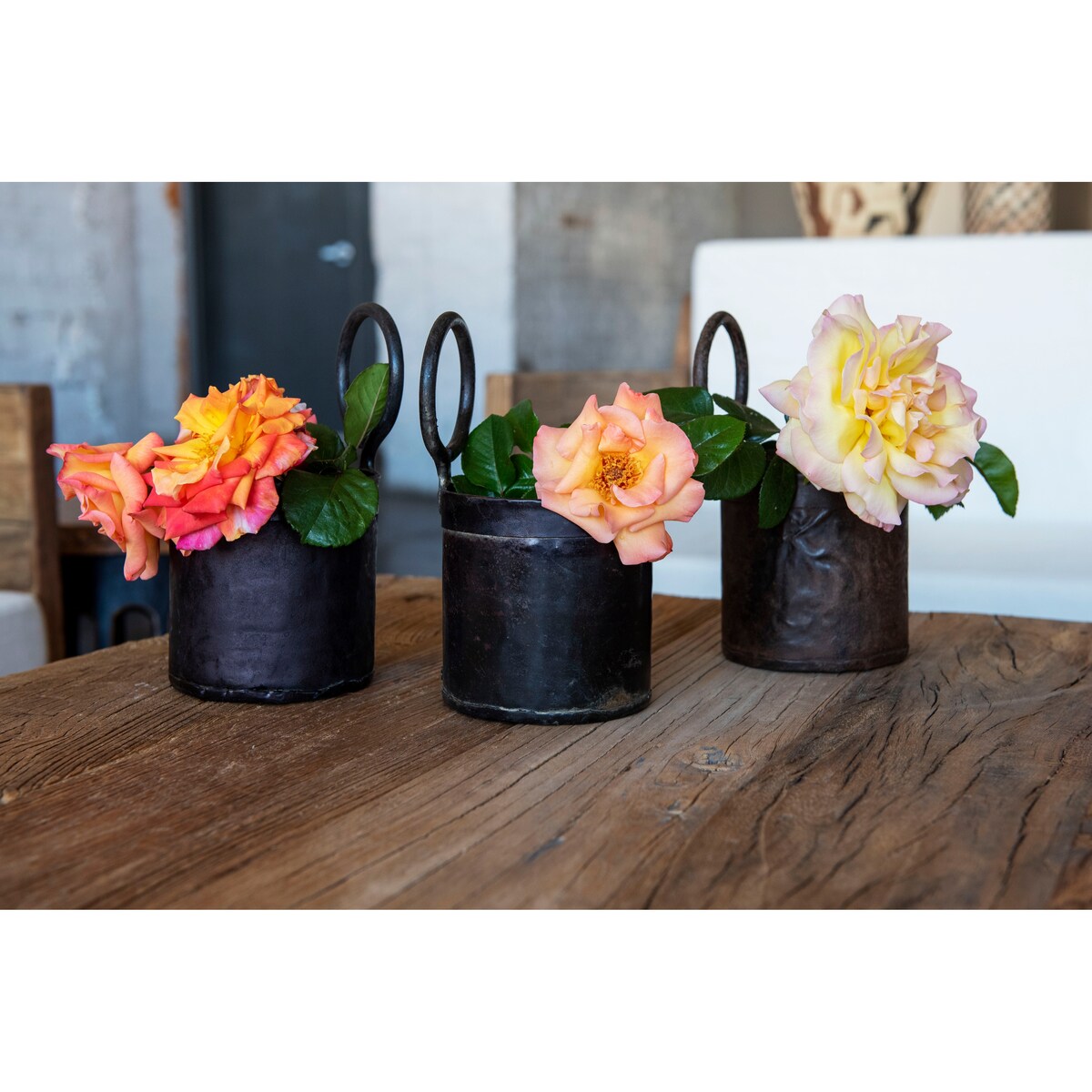 El Paso Import Set of 3 Handmade Vintage Metal Buckets w/Handles - 4"L x 4"W x 8"H