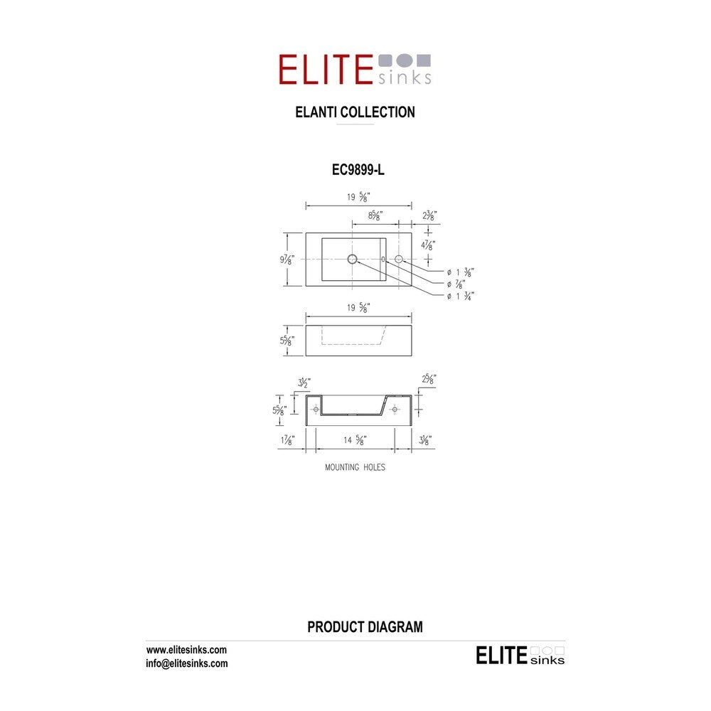Elanti Collection EC9899-L Porcelain White Wall-Mounted Rectangle Left-Facing Sink