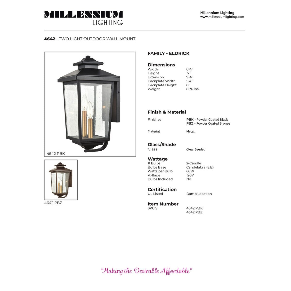 Millennium Lighting Eldrink Outdoor Wall Sconce in Powder Coat Black