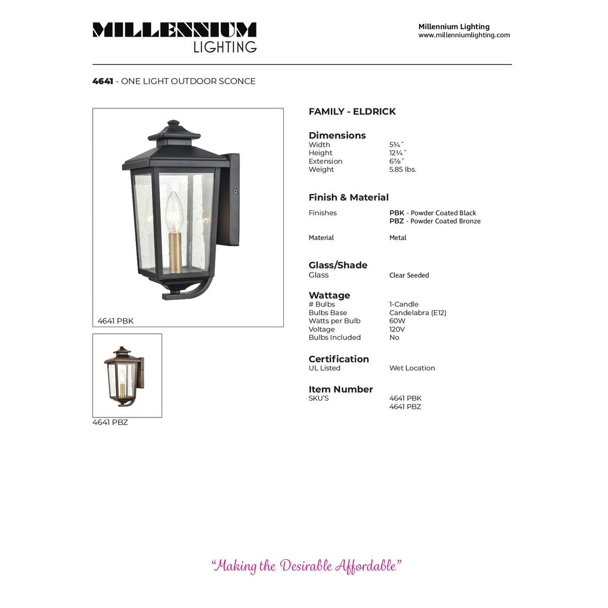 Millennium Lighting Eldrink Outdoor Wall Sconce in Powder Coat Black