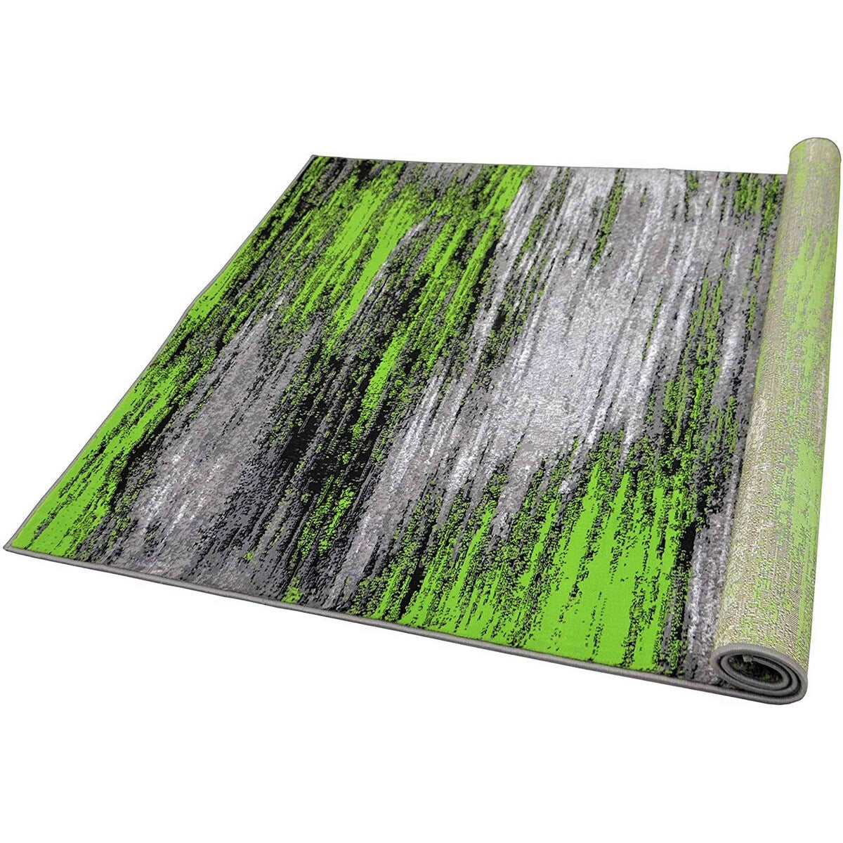 Electric Green, Grey, Silver, Black Abstract Rug Modern Contemporary Brush Pattern