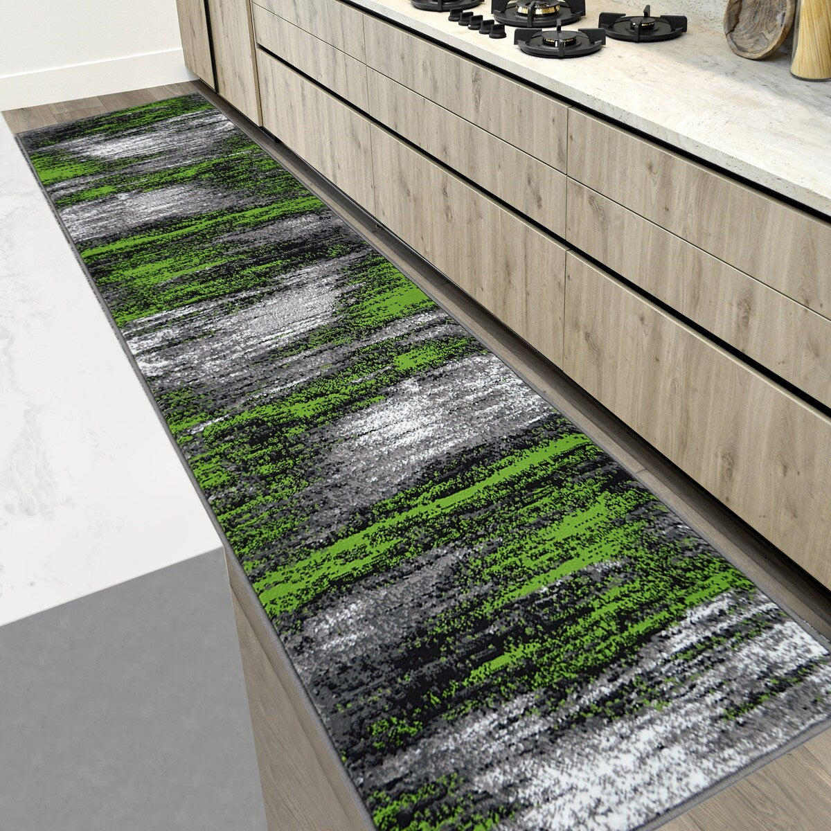 Electric Green, Grey, Silver, Black Abstract Rug Modern Contemporary Brush Pattern