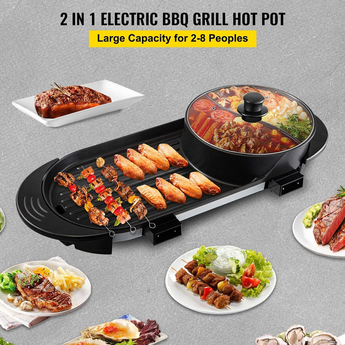 Electric Grill Hot Pot 2 in 1, Large Capacity Non-Stick Pan Portable Korean BBQ, Electric Shabu Hot Pot 110V Smoke Free Stove
