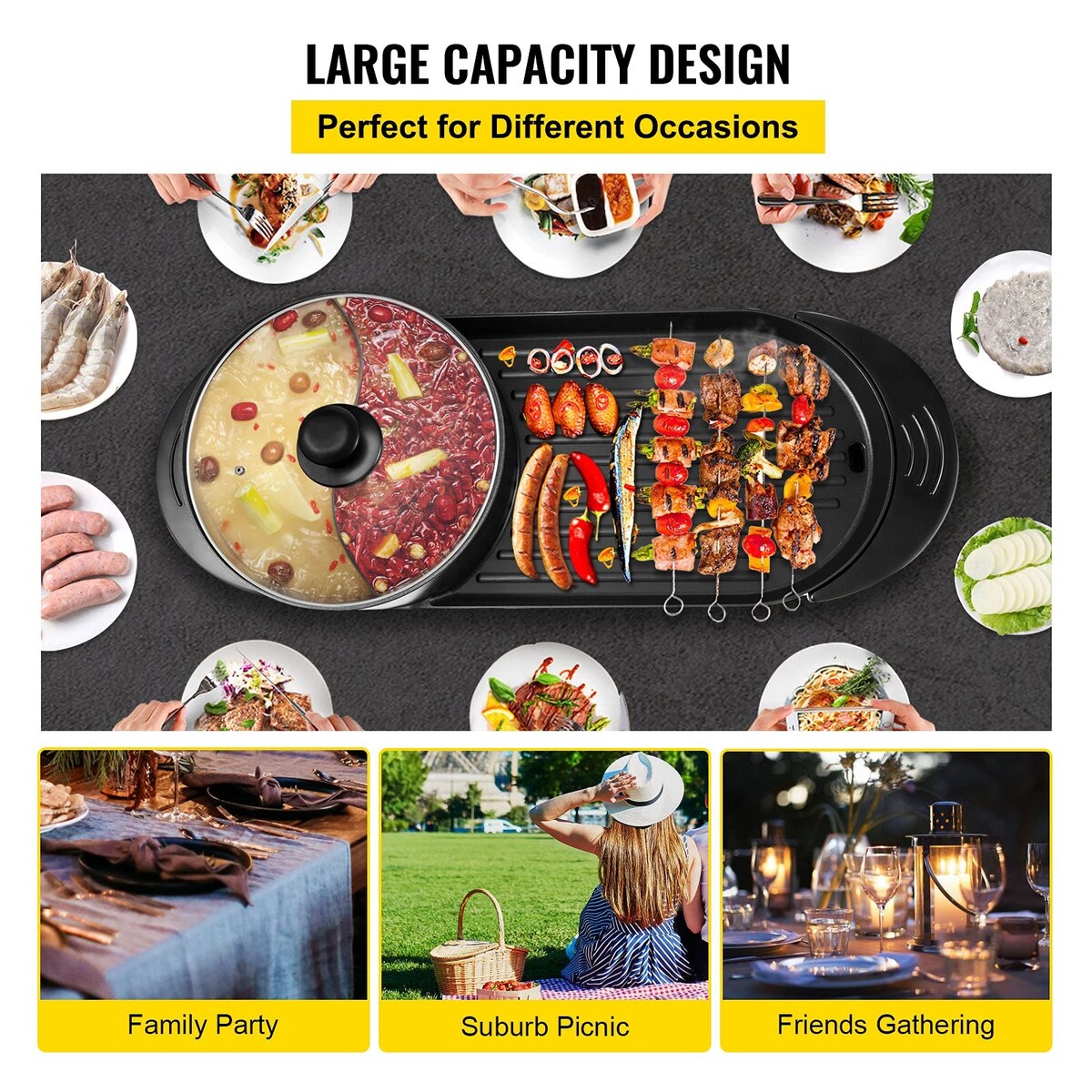 Electric Grill Hot Pot 2 in 1, Large Capacity Non-Stick Pan Portable Korean BBQ, Electric Shabu Hot Pot 110V Smoke Free Stove