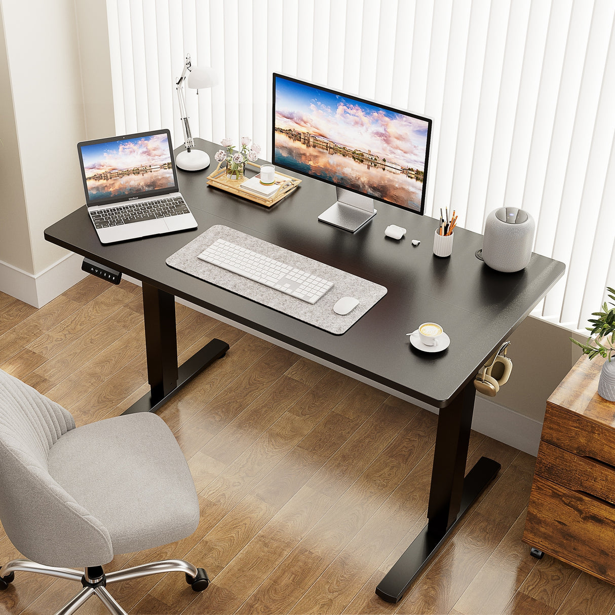 Electric Height Adjustable Wooden Desktop Standing Desk, Natural