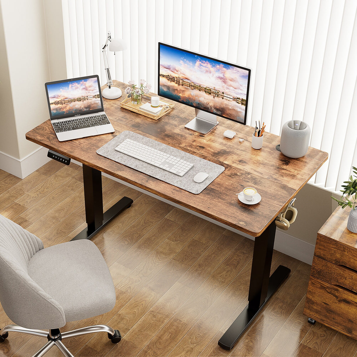 Electric Height Adjustable Wooden Desktop Standing Desk, Natural