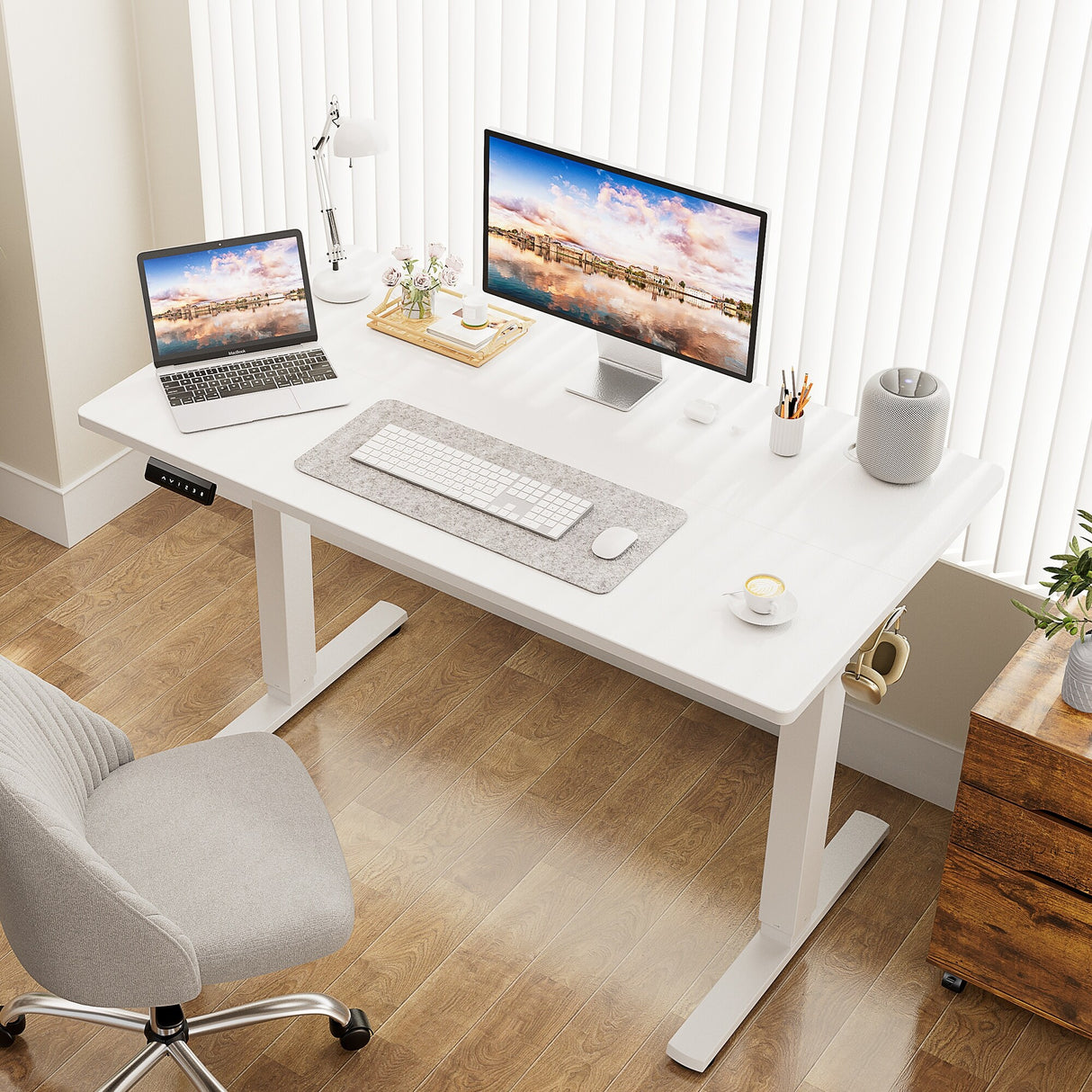 Electric Height Adjustable Wooden Desktop Standing Desk, Natural