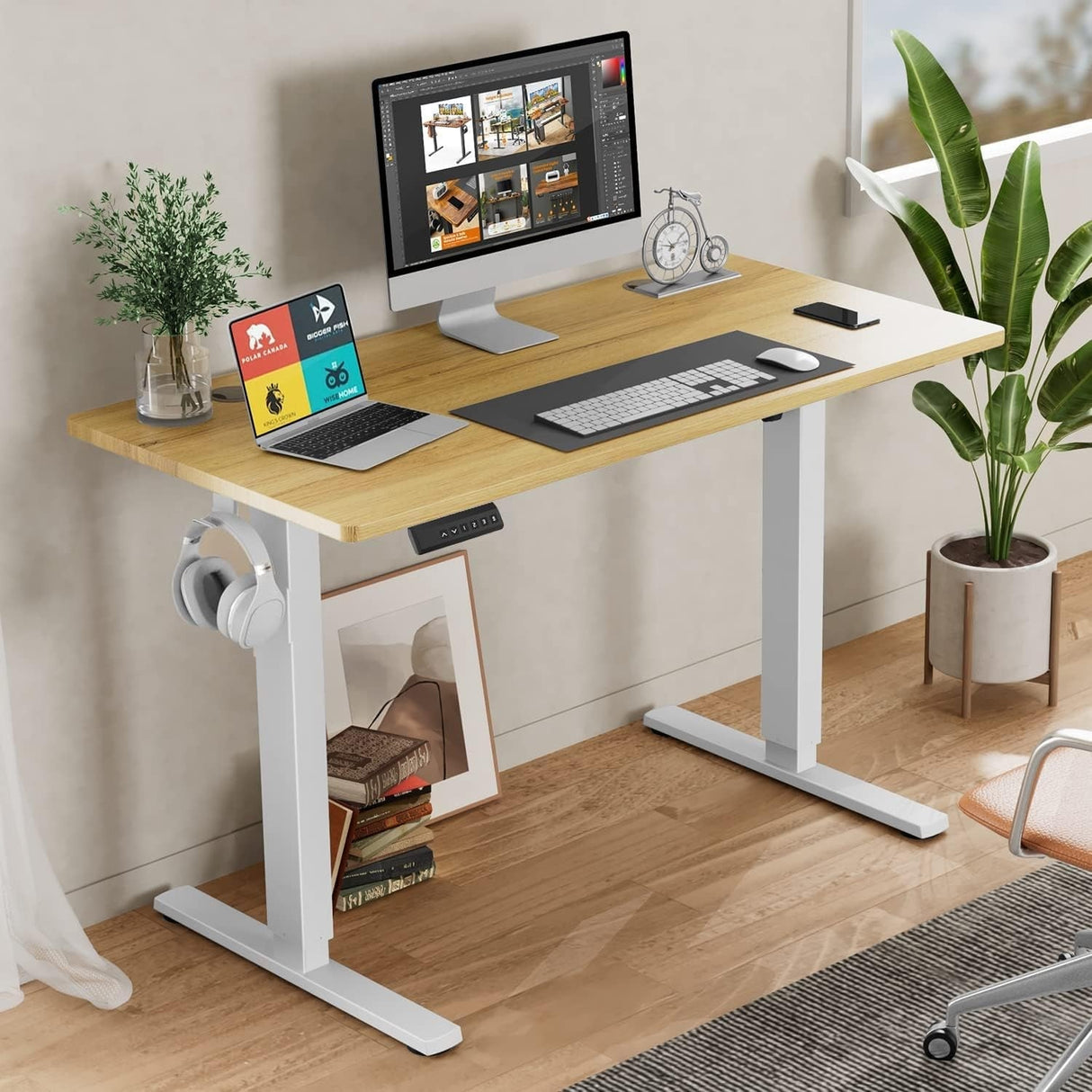 Electric Height Adjustable Wooden Desktop Standing Desk, Natural
