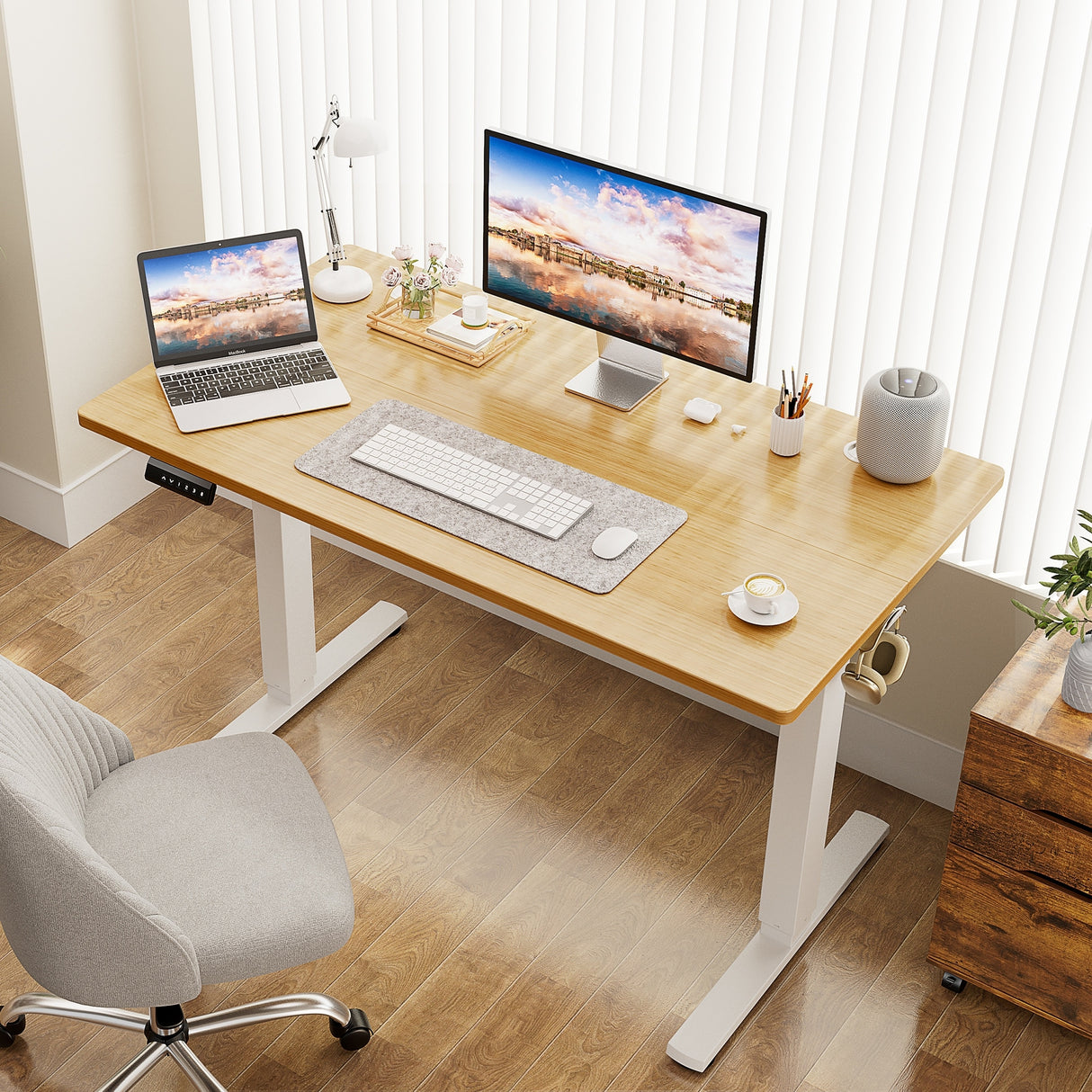 Electric Height Adjustable Wooden Desktop Standing Desk, Natural