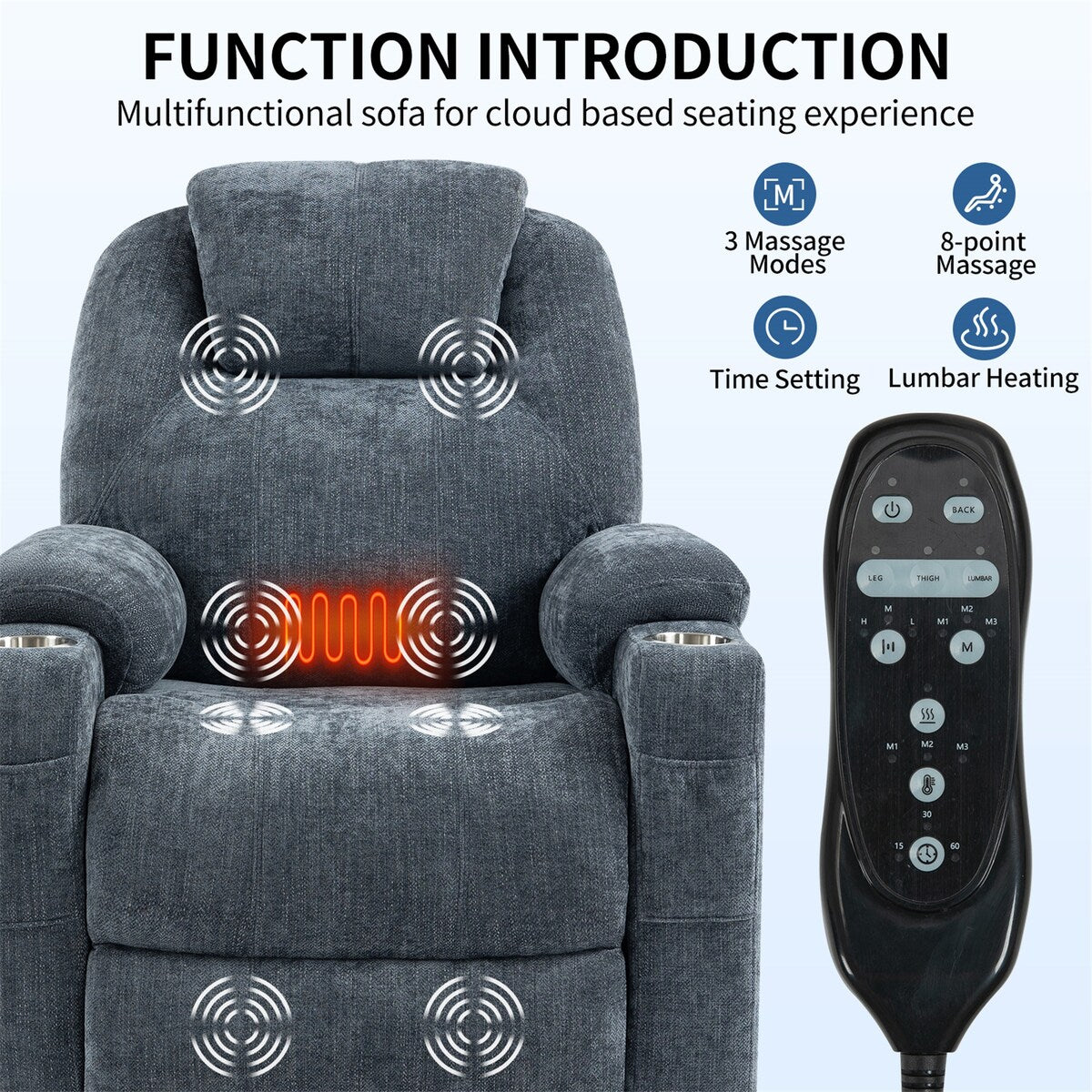 Electric Power Lift Recliner Chair with Massage and Heat for Elderly, Extended Footrest, USB Ports, Fabric