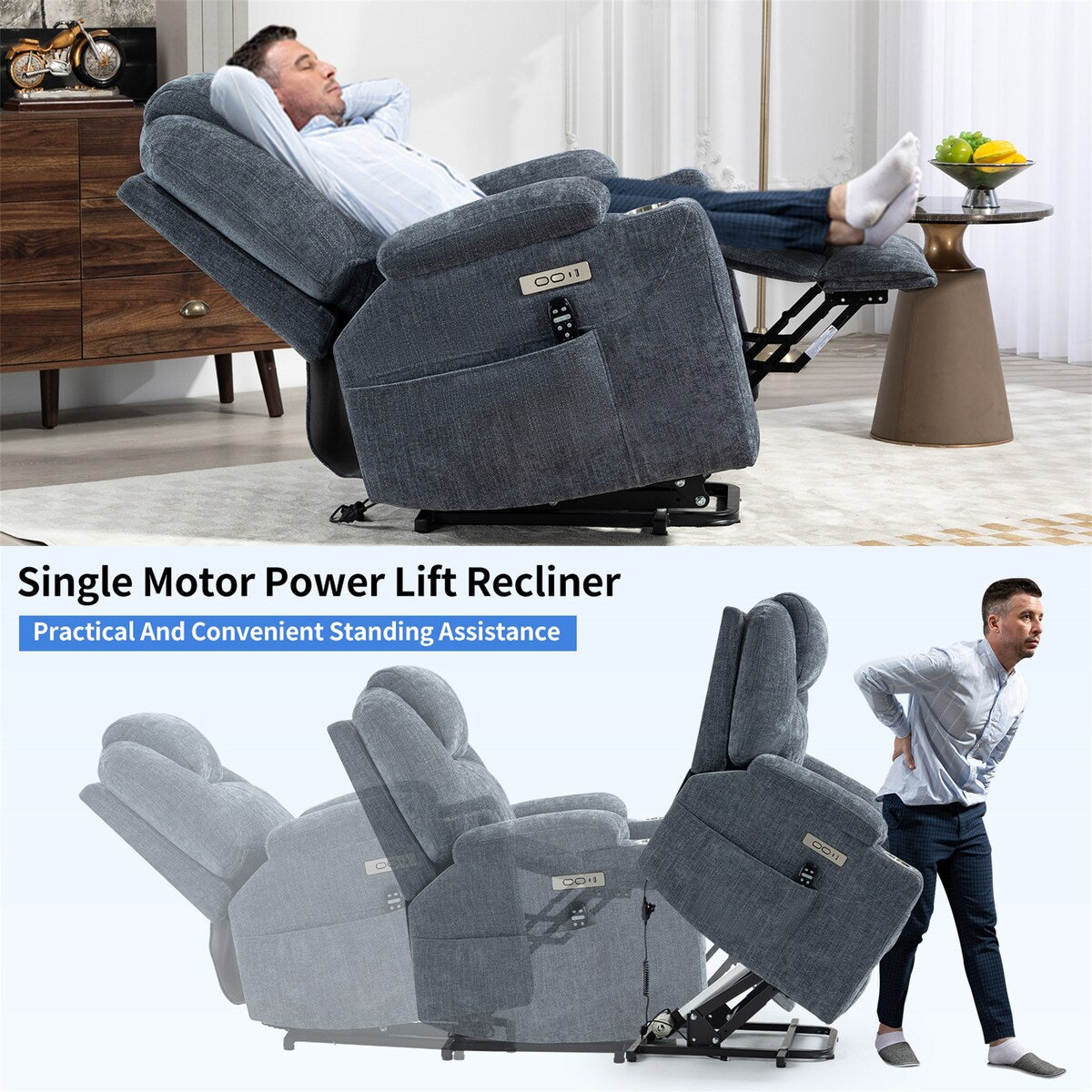 Electric Power Lift Recliner Chair with Massage and Heat for Elderly, Extended Footrest, USB Ports, Fabric