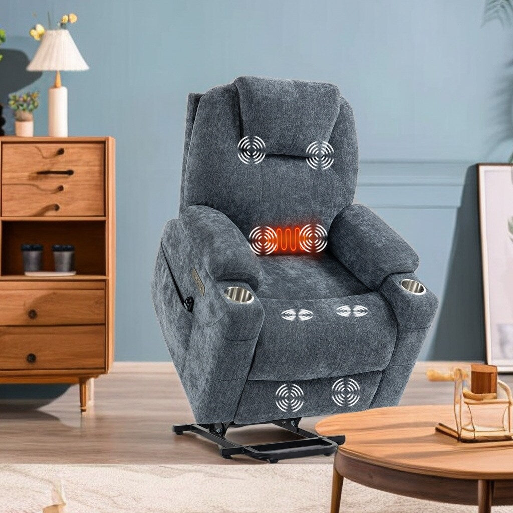 Electric Power Lift Recliner Chair with Massage and Heat for Elderly, Extended Footrest, USB Ports, Fabric