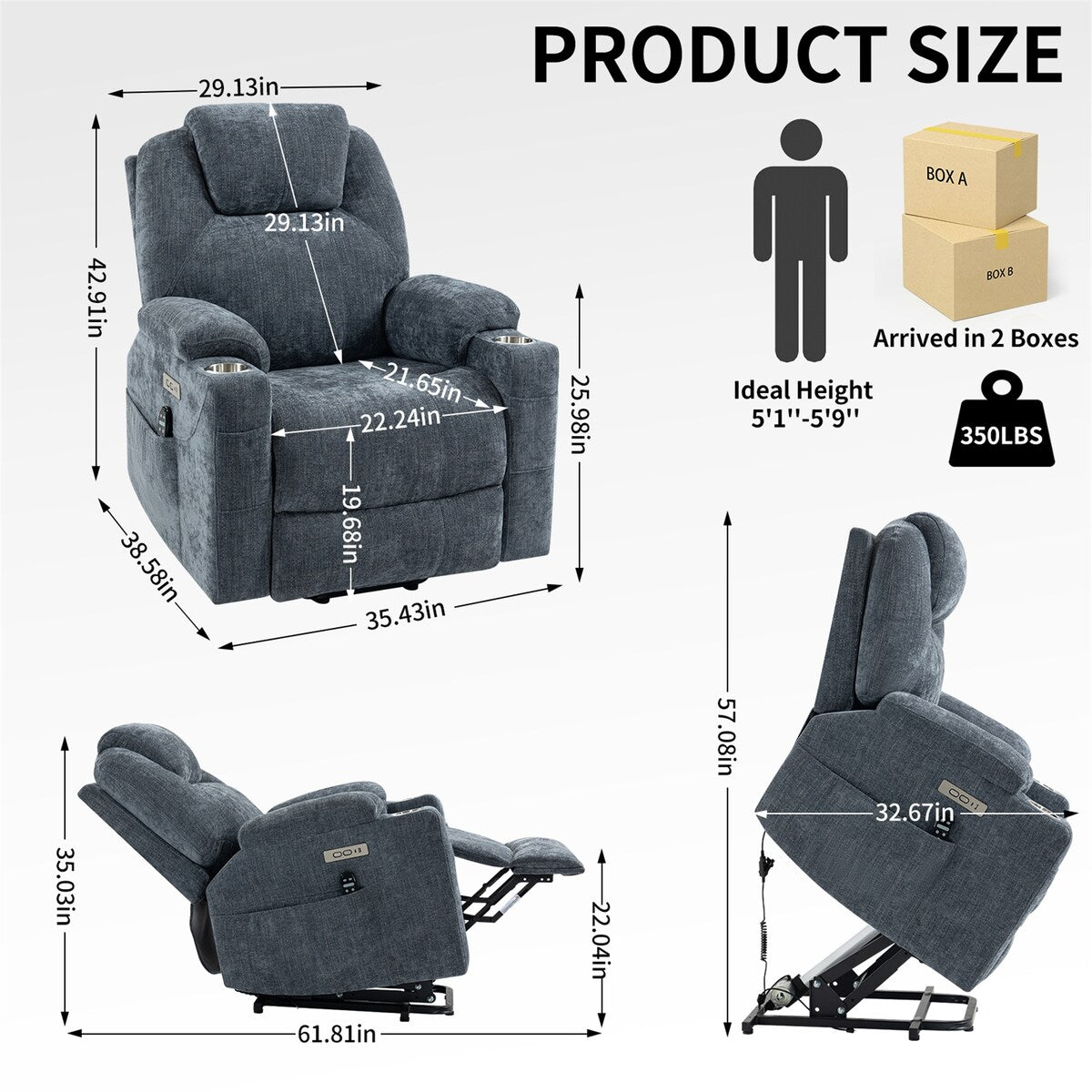 Electric Power Lift Recliner Chair with Massage and Heat for Elderly, Extended Footrest, USB Ports, Fabric