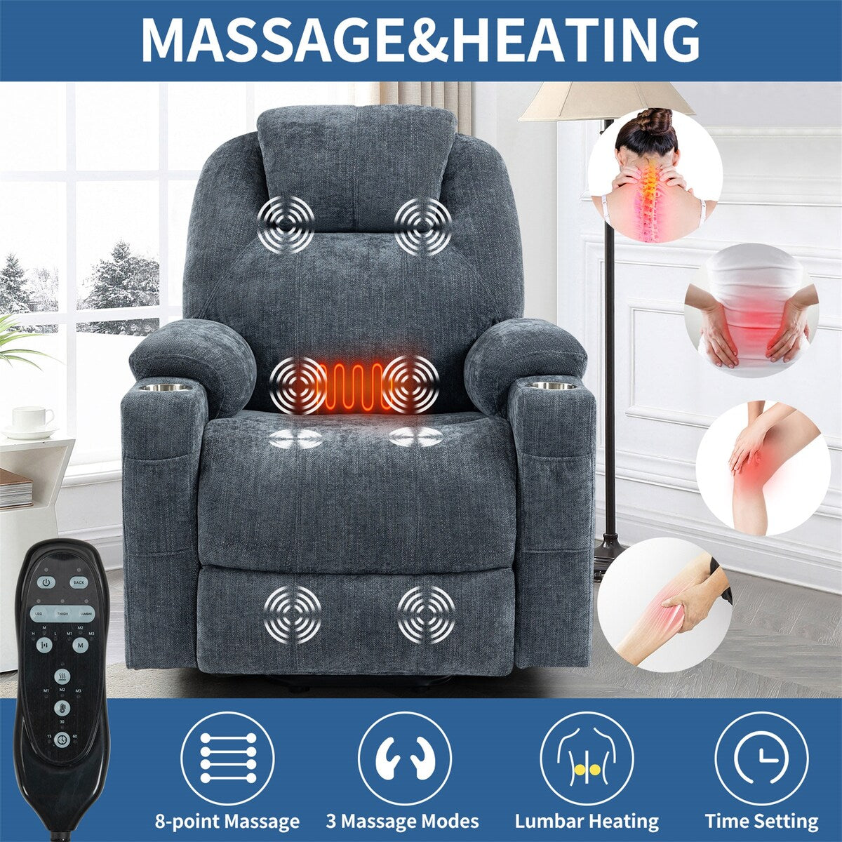 Electric Power Lift Recliner Chair with Massage and Heat for Elderly, Extended Footrest, USB Ports, Fabric