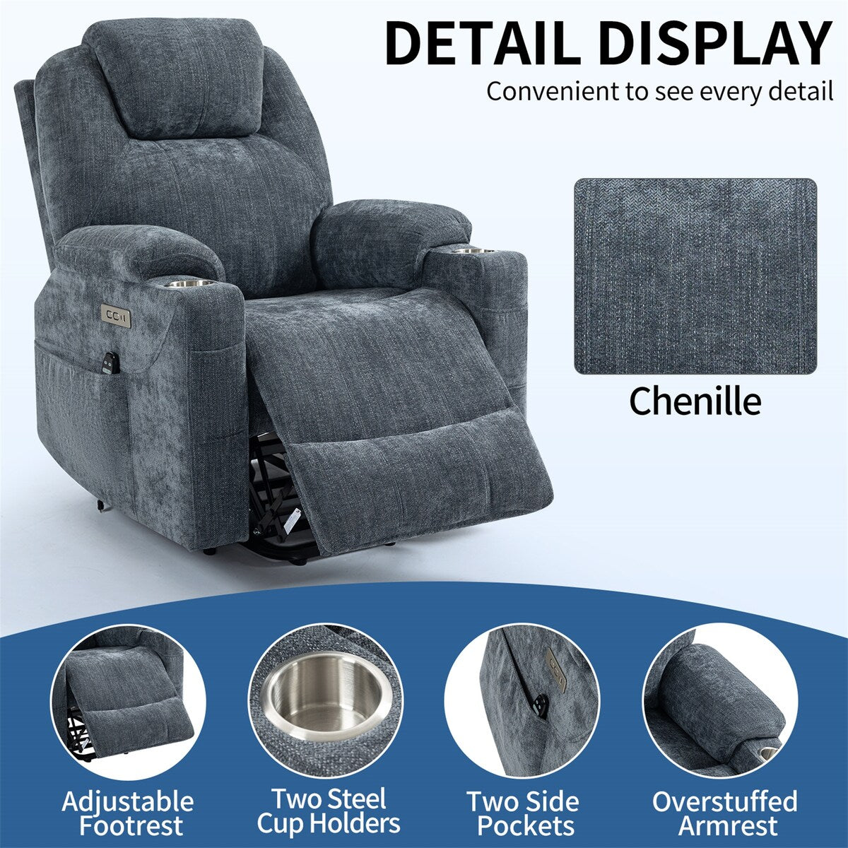 Electric Power Lift Recliner Chair with Massage and Heat for Elderly, Extended Footrest, USB Ports, Fabric