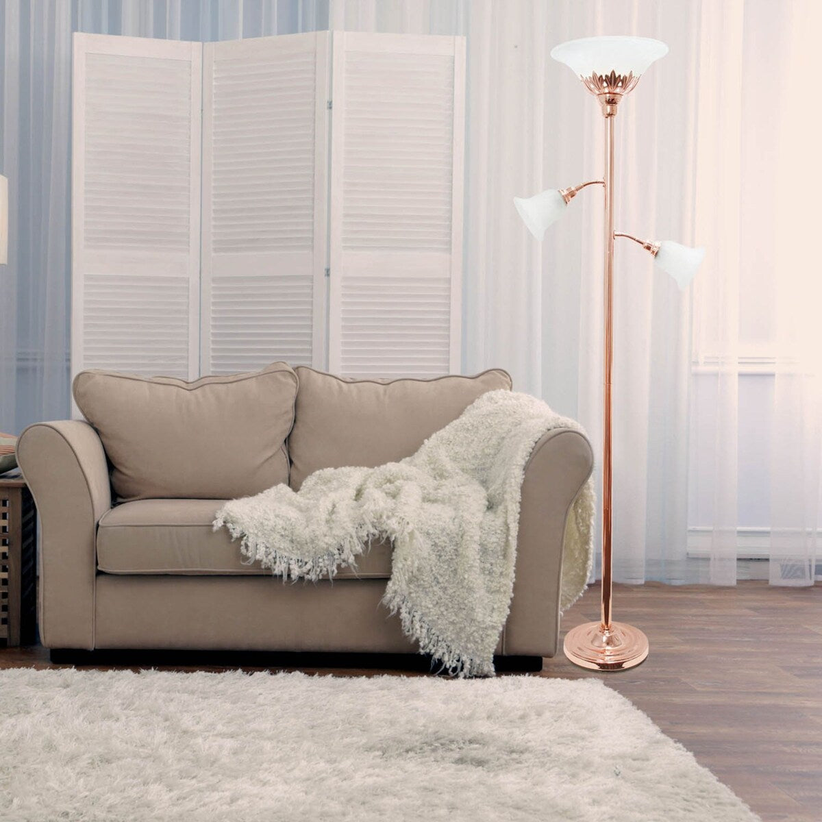 Elegant Designs 3 Light Floor Lamp Scalloped Glass Shades, Rose Gold - 13"L x 21.5"W x 71"H,