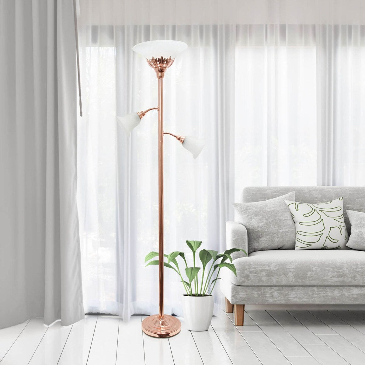 Elegant Designs 3 Light Floor Lamp Scalloped Glass Shades, Rose Gold - 13"L x 21.5"W x 71"H,
