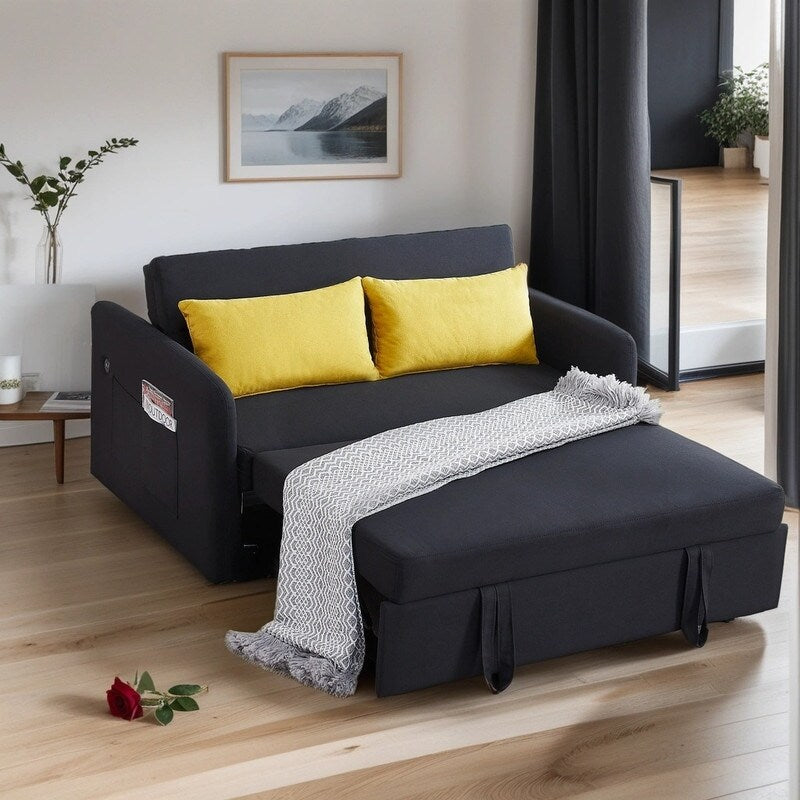 Elegant Minimalist Multi-functional Pull-Out Sleep Sofa Bed With Adjsutable Backrest,Storage Pockets,2 Soft Pillows