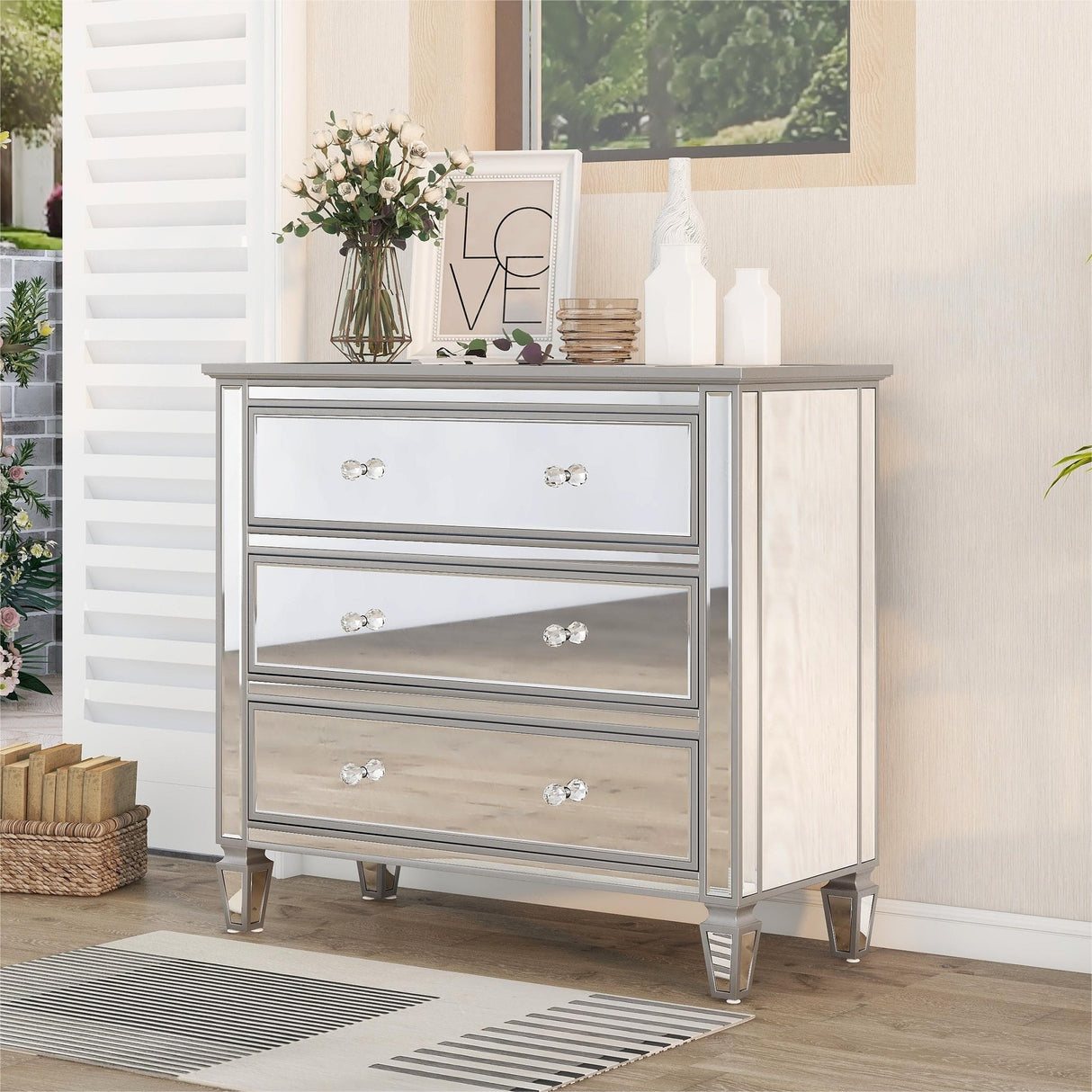 Elegant Mirrored Chest with 3 Drawers