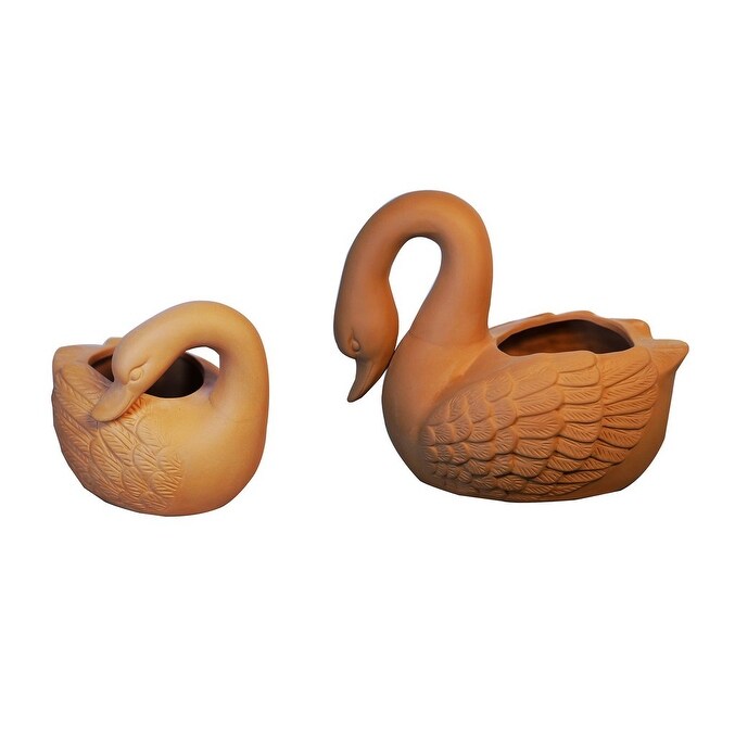 Elegant Natural Terracotta Swan Planters Swan children Set of 2 - 7 1/2"x7"; 5"x4 1/2"