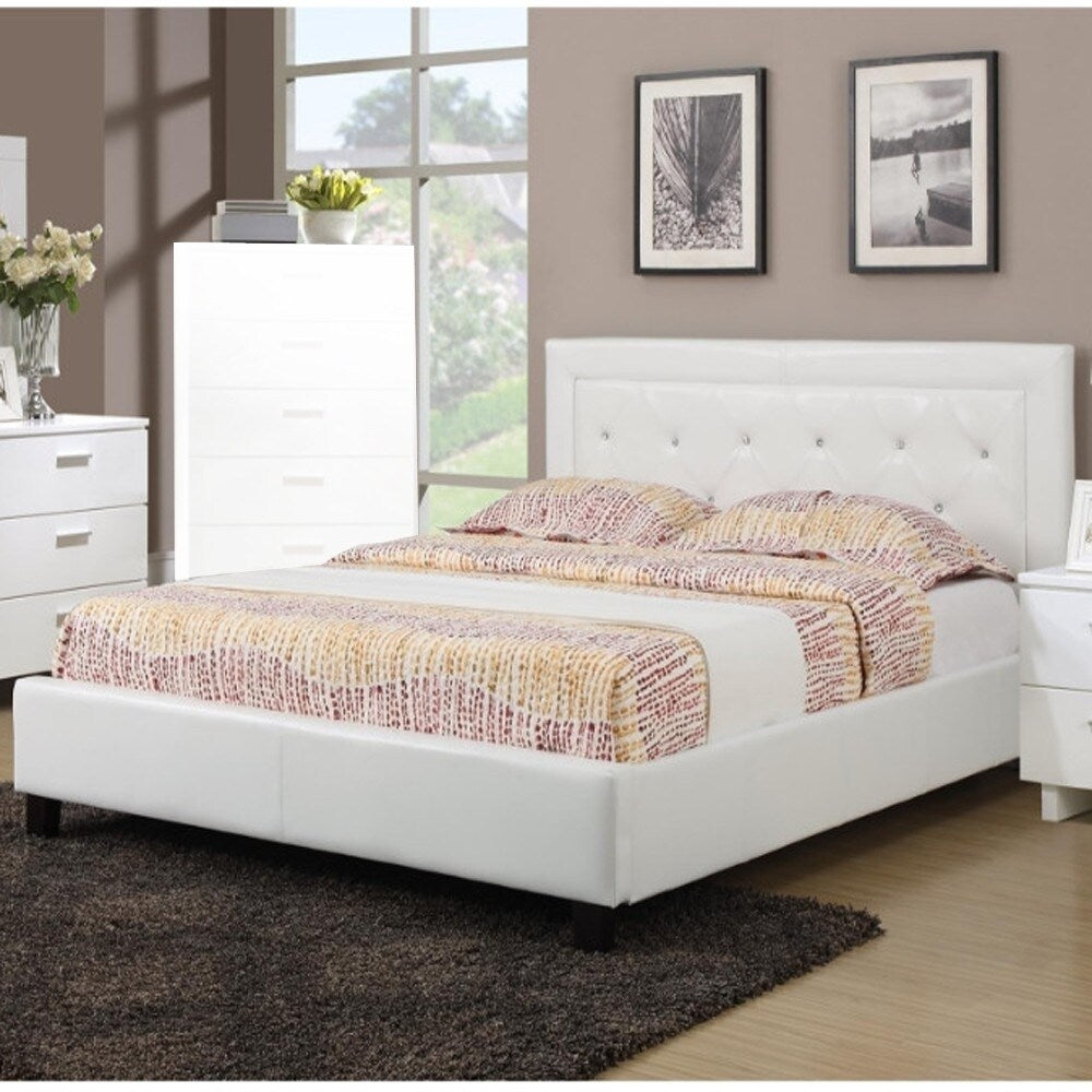Elegant Paneled Full Bed with Button Tufted HB in Faux Leather, White