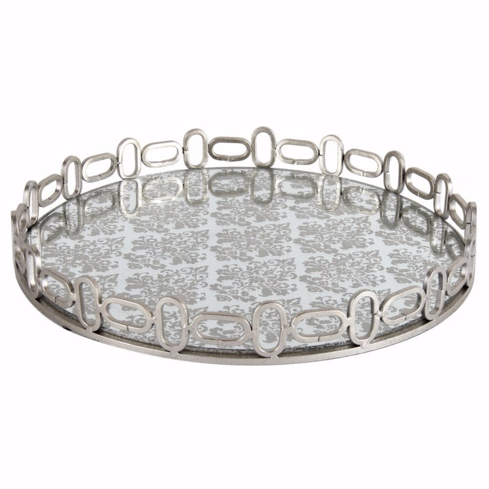Elegant Round Designer Glass and Metal Tray, Silver