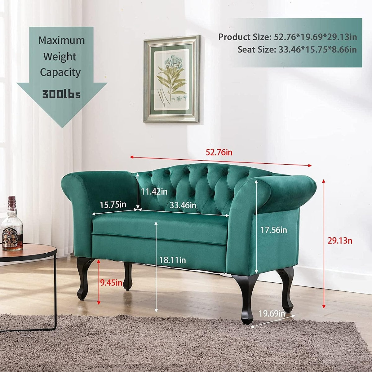 Elegant Small Mini Room Couch Two-Seater Sofa for Small Space ,Dark Green