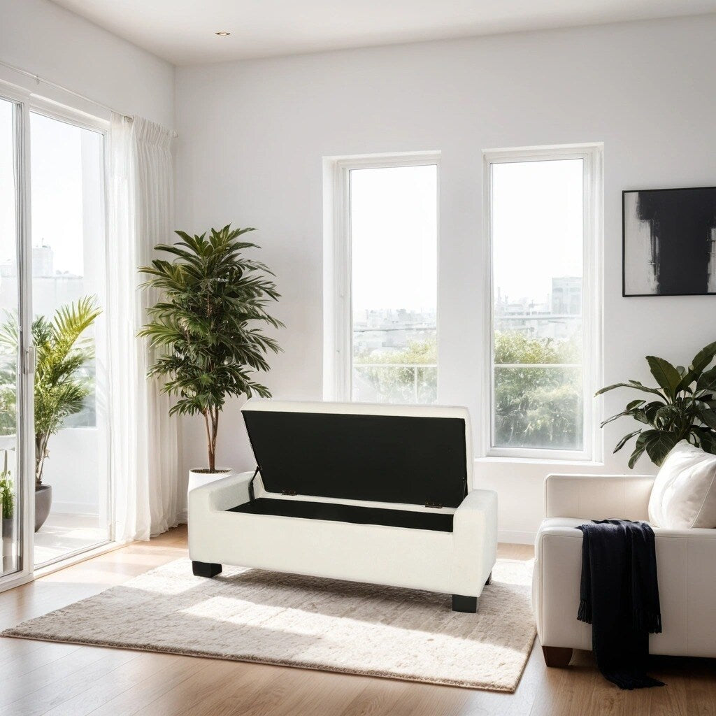 Elegant White Storage Ottoman with Flip-Lid & Birch Wood Legs