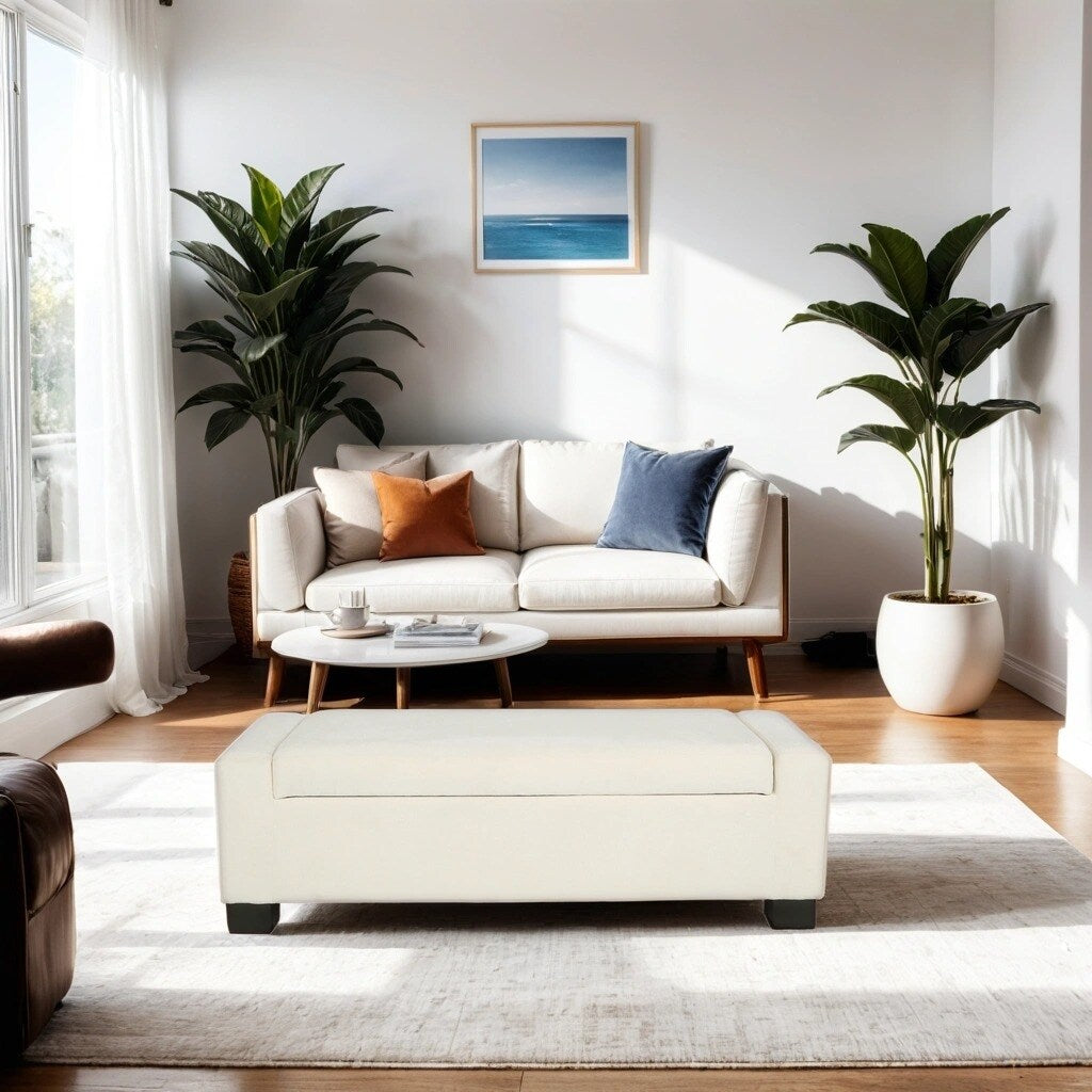 Elegant White Storage Ottoman with Flip-Lid & Birch Wood Legs