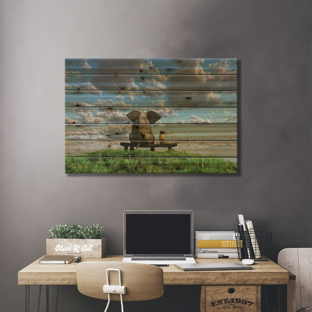 Elephant And Dog Are Sitting On A Meadow Print On Wood by Mike Kiev - Multi-Color