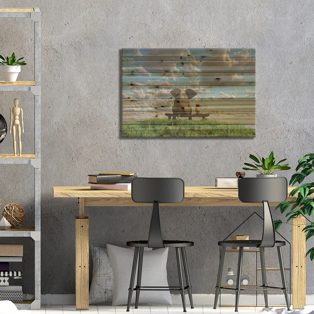 Elephant And Dog Are Sitting On A Meadow Print On Wood by Mike Kiev - Multi-Color