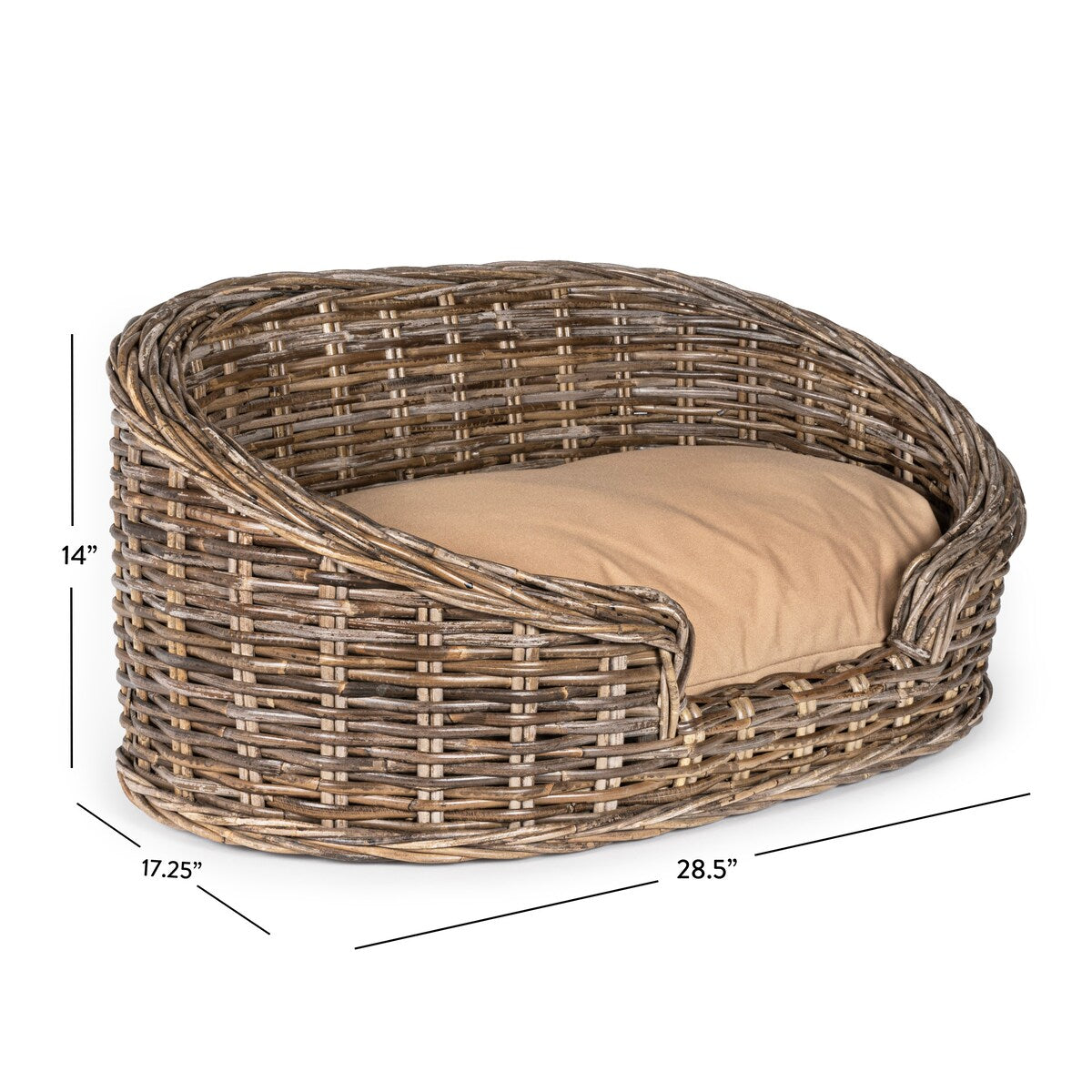 Elevated 27.5" x 17" Bohemian Handwoven Rattan Dog Daybed with Machine-Washable Cushion, Natural