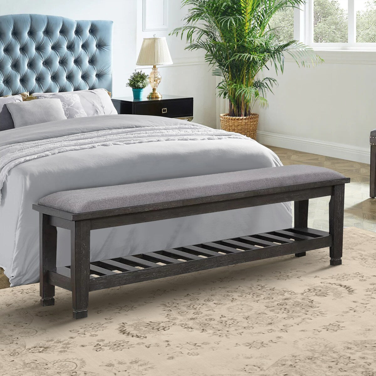 Eli 51 Inch Modern Dressing Bench Cushioned Linen Seat 1 Shelf Gray