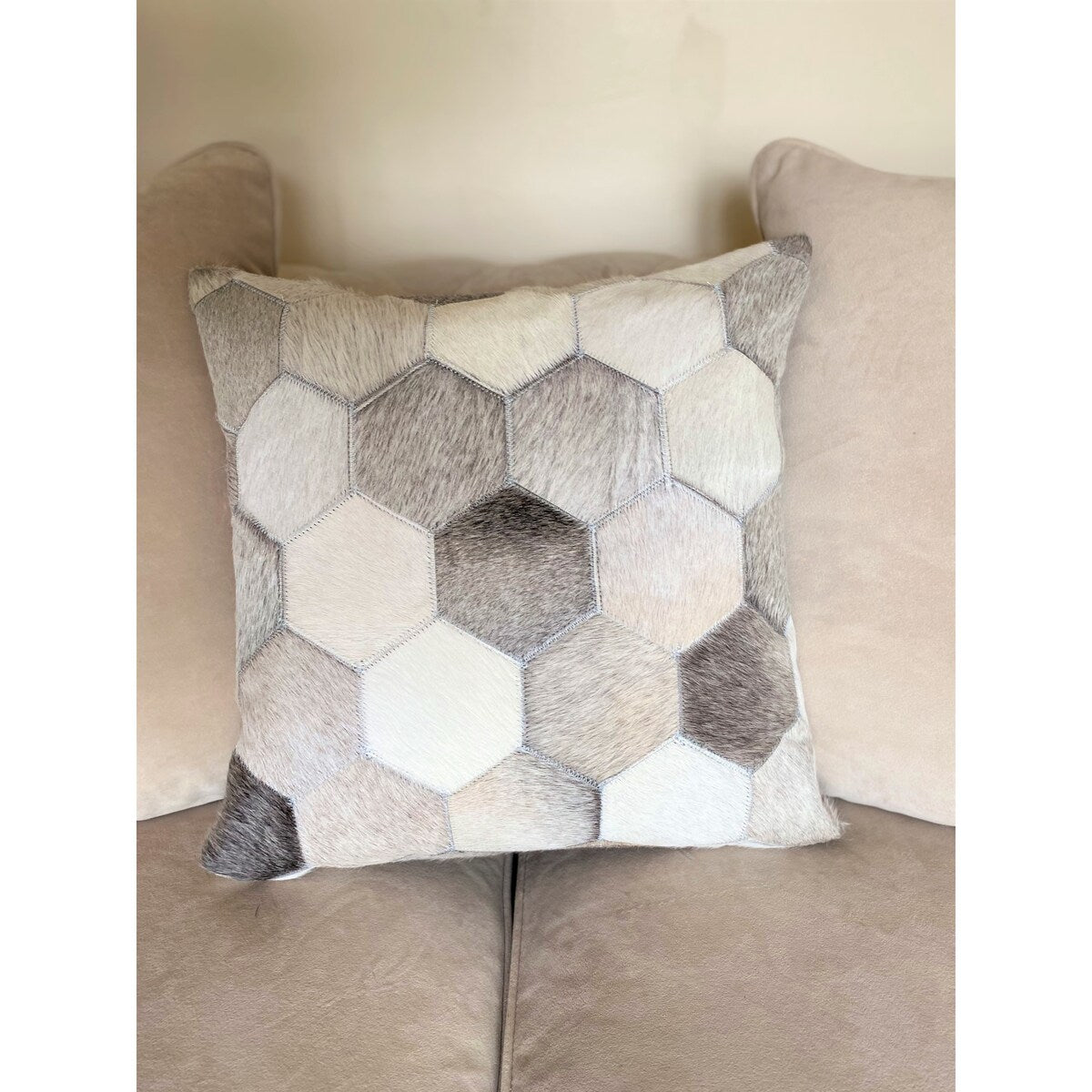Eli Cowhide Hexagon Design-Grey Ivory Beige-Throw Pillow-18"x18"x4"