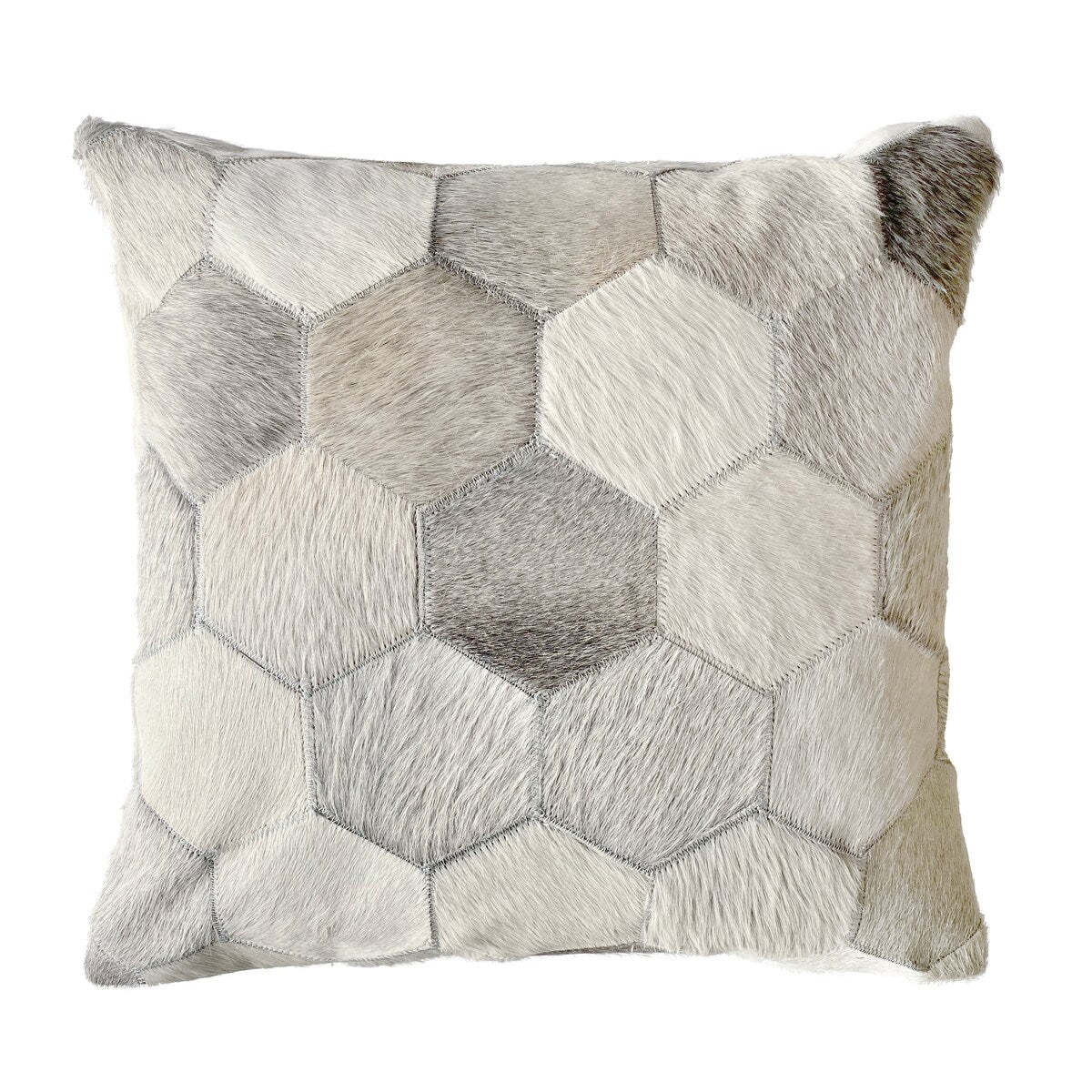 Eli Cowhide Hexagon Design-Grey Ivory Beige-Throw Pillow-18"x18"x4"