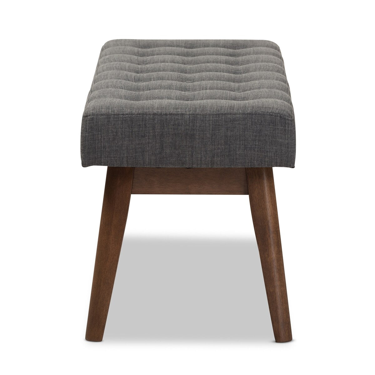 Elia Mid-Century Modern Walnut Wood Dark Grey Fabric Button-Tufted Bench