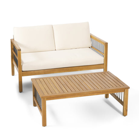 Elias Acacia Wood and Iron Outdoor Loveseat and Coffee Table Set with Cushions by Christopher Knight Home